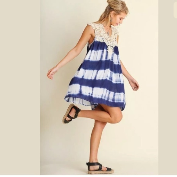 CLEARANCE Blue Tie Dye Crochet Striped Sleeveless Dress - Picture 2 of 3